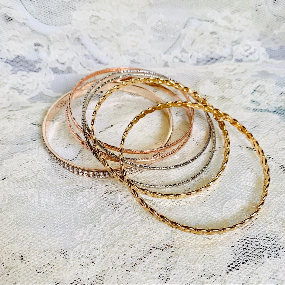 Mixed Metal Bangle Bracelets - set of 7